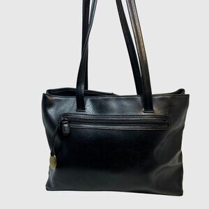 Crazy Horse Black Faux Leather Tote Bag With Double Straps & Zipper Closure